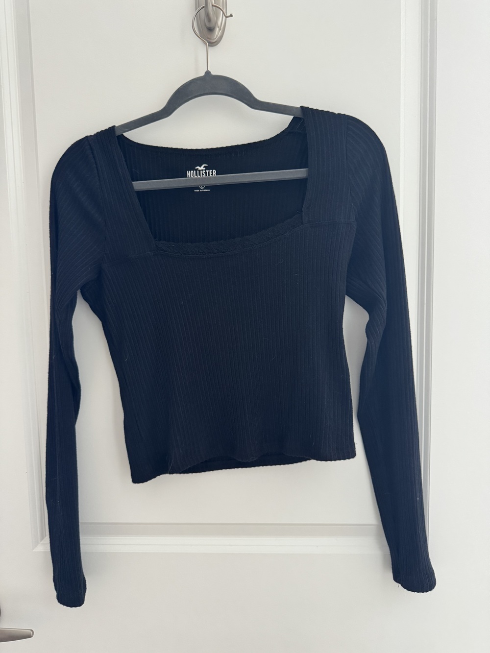 Hollister Black Ribbed Square-Neck Lace Trim Top